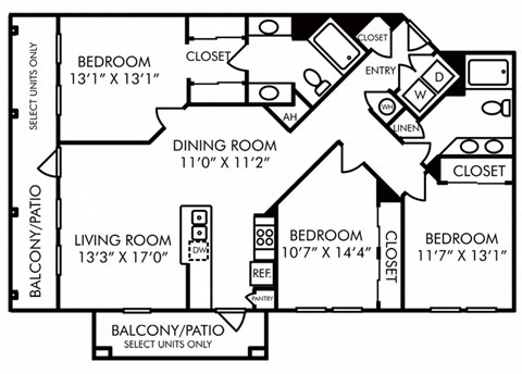 Floor plan for 3 beds, 2 baths, 1495 sqft